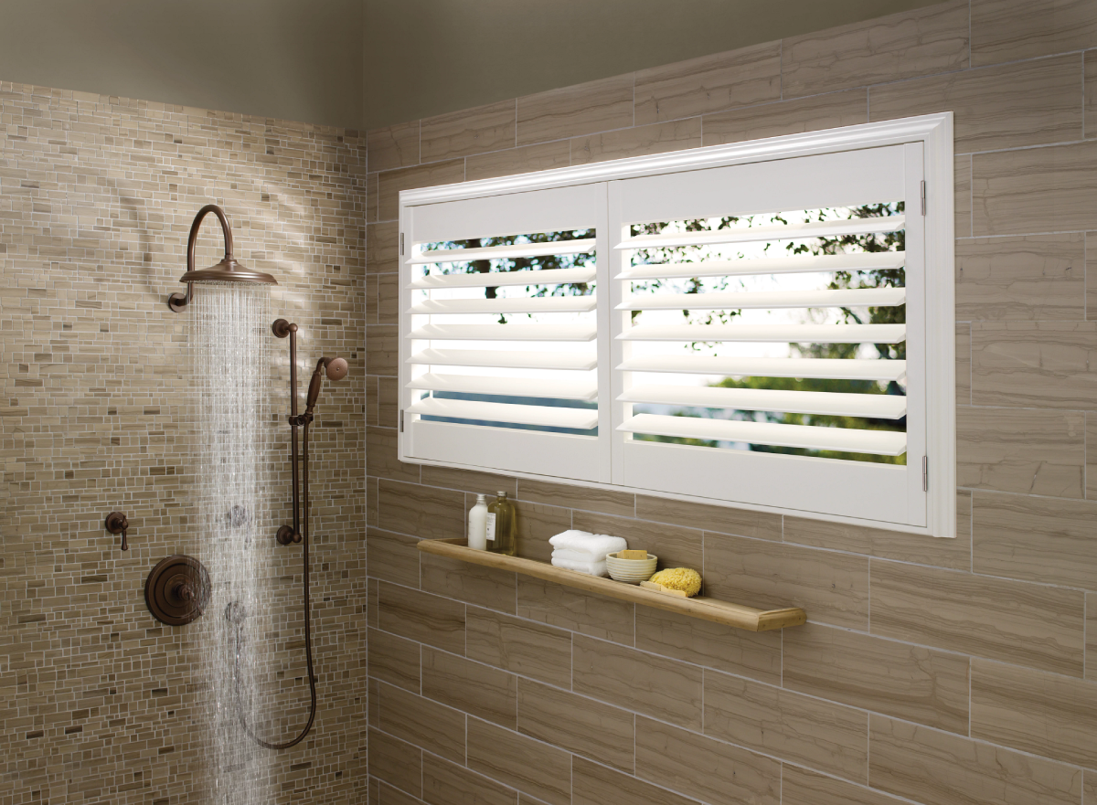 Homepage 7 Hunter Douglas shutters in a modern shower.